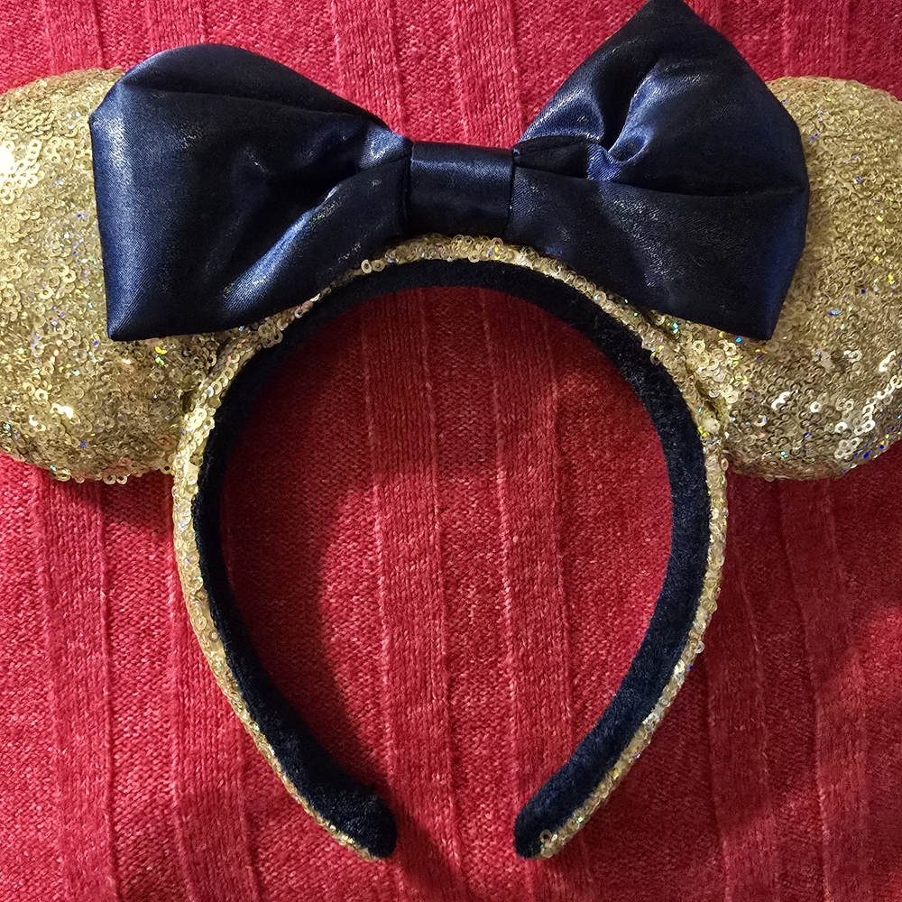 Gold Sequin Mouse Ear Headband with Black Bow